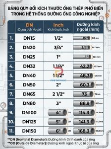 Bảng quy đổi kích thước ống thép