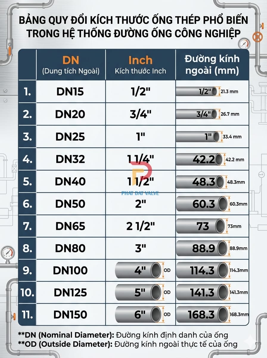 Bảng quy đổi kích thước ống thép DN – Inch – mm đầy đủ và dễ tra cứu