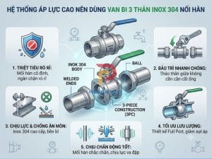 hệ thống áp lực cao nên dùng van bi 3 thân